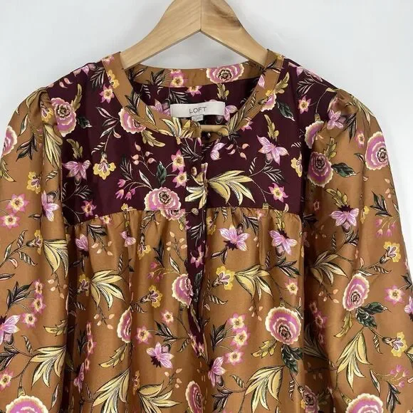 Loft Top Size Small Rust Mix Floral Print Long Sleeve Henley Top Puff Sleeve - Picture 2 of 10